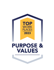Badge of Top Workplaces 2023 with a specific focus on Purpose and Values.