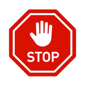 Red STOP sign icon set. Sign with hand and stop sign. Warning sign, attention, prohibition, danger, alert, road sign - stock vector.